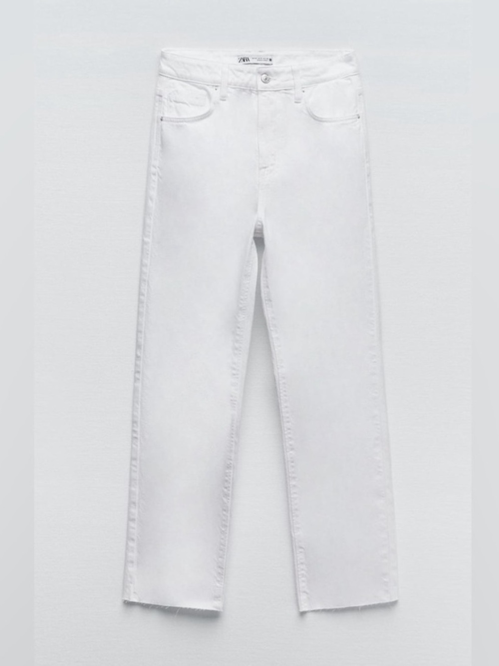 Zara White Frayed Hem Straight-Leg Jeans